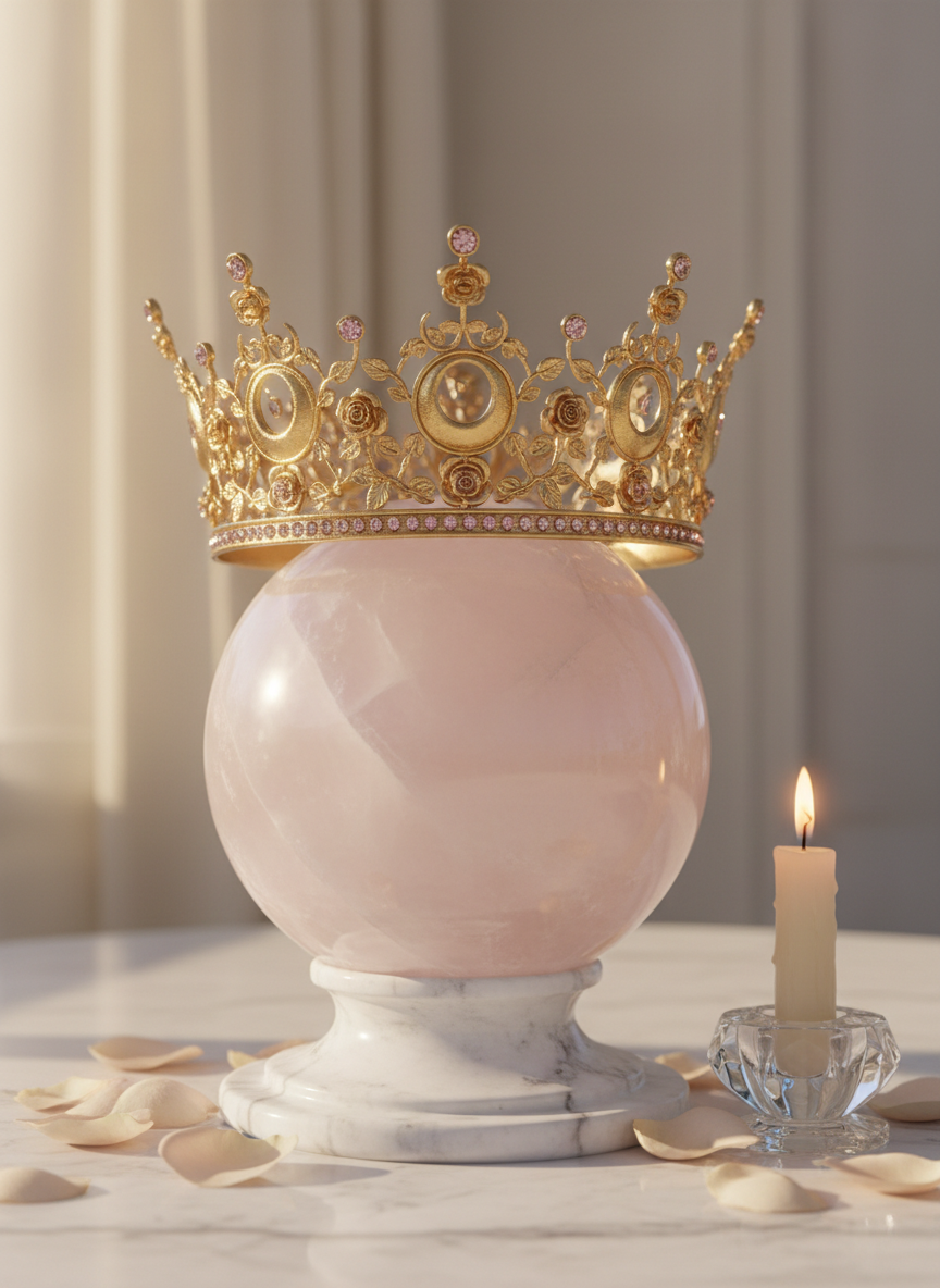 A regal, ornate golden crown resting atop a smooth, pale rose quartz sphere, the metal intricately engraved with delicate floral motifs and tiny crescent moons. The sphere sits on a polished white marble pedestal with subtle gray veining, surrounded by scattered rose petals and a single lit ivory candle in a crystal holder. Soft golden hour sunlight pours in from the left, creating warm highlights on the crown and gentle reflections in the quartz. The mood is serene and sophisticated, evoking divine feminine royalty and self-worth. Photographed at eye level with a shallow depth of field, the background falls into a soft, creamy bokeh, emphasizing the luxurious, photographic realism of the scene.